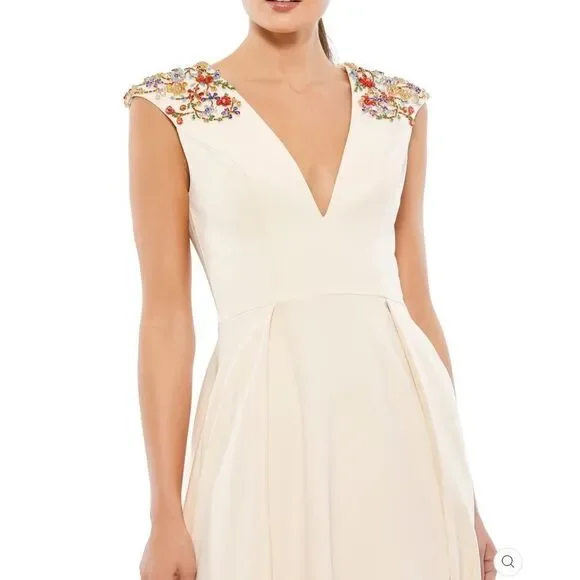 Mac Duggal 26540 Ieena Beaded Cap Sleeve V Neck A Line Gown Dress Cream Size 4 - Picture 3 of 16